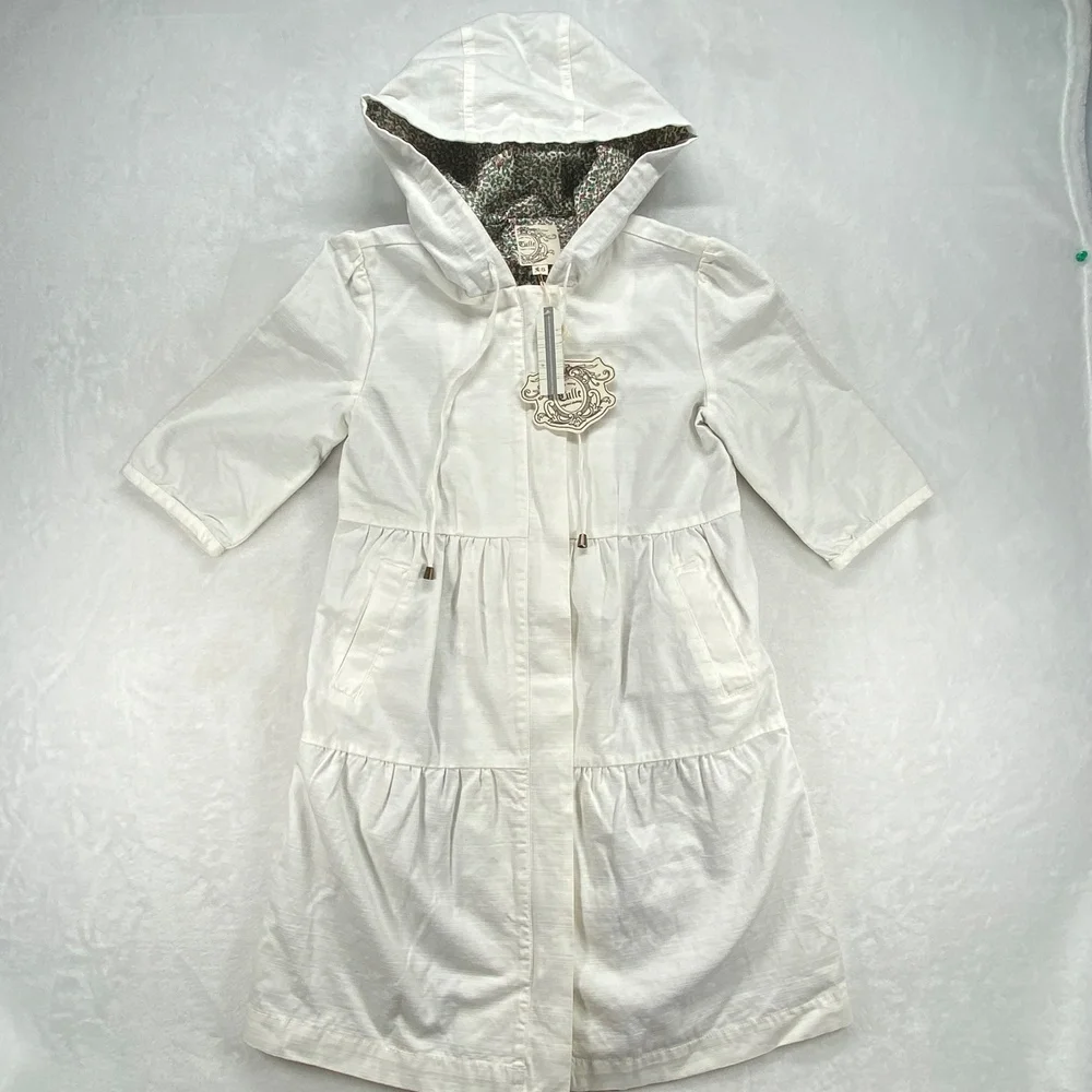 Tulle Hooded Trench Coat Floral Lined Lightweight Jacket White XS